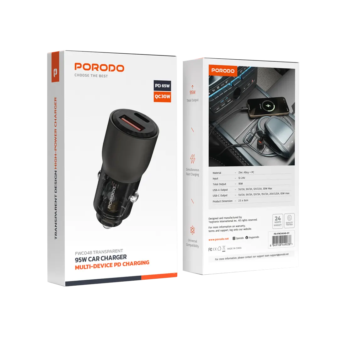 Porodo 96W Transparent USB-A+C Port Car Charger Grey - شاحن سيارة 96 واط من بورودو رمادي