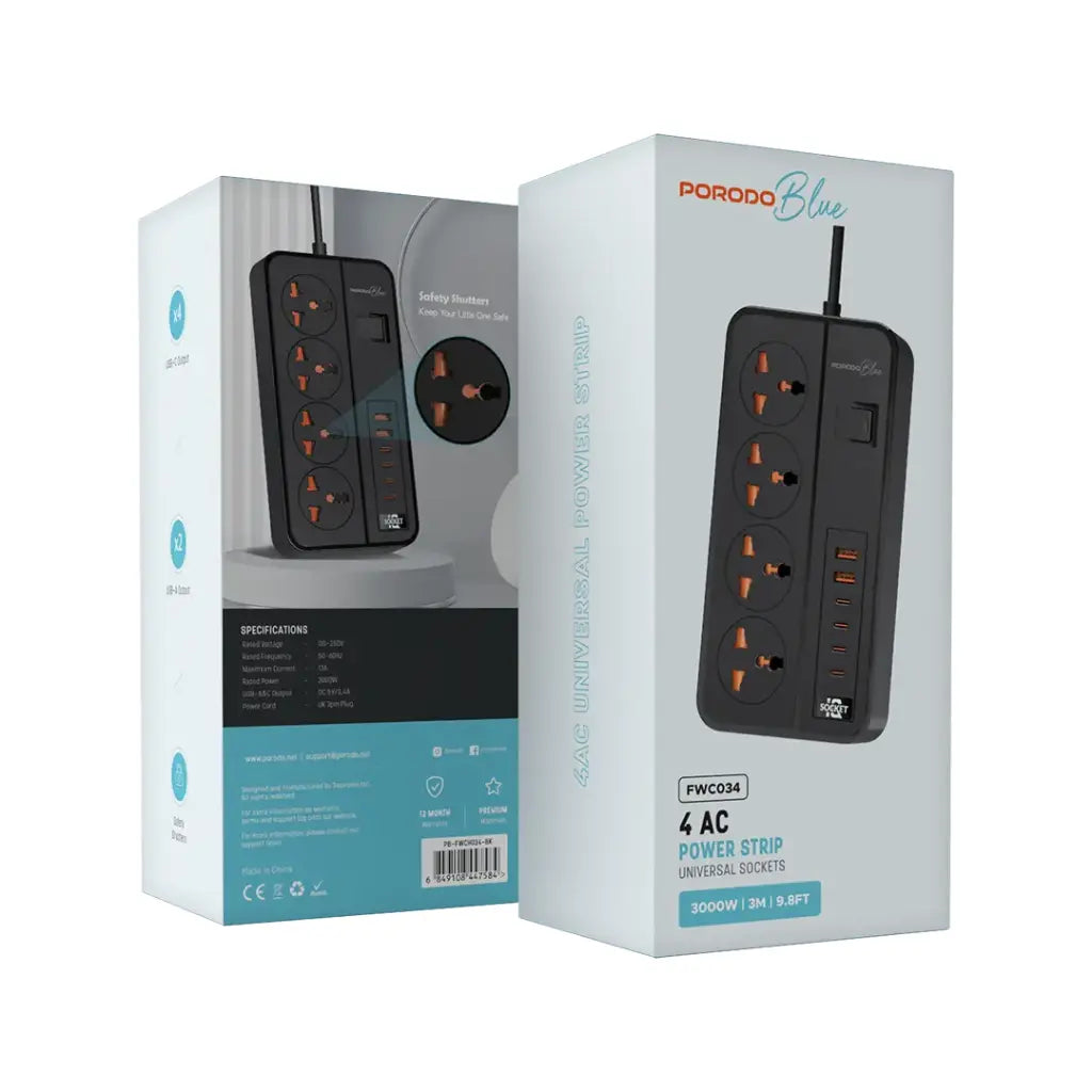 Porodo Blue 4 AC Power Socket With X4 USB-C X2 USB-A Port UK (3m wire) Black - سيار كهربائي متعدد المنافذ 3000 واط وبطول كيبل 3 متر من بورودو اسود