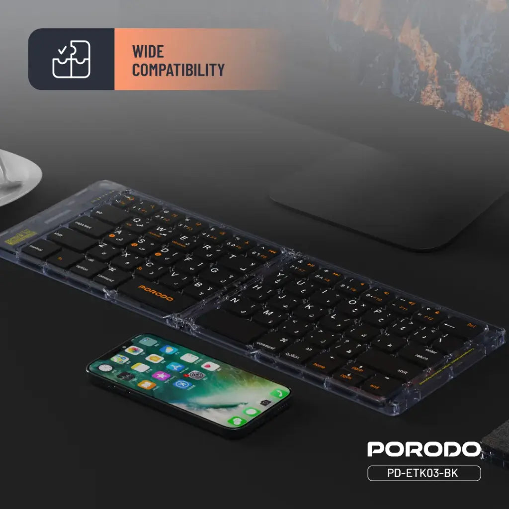 Porodo Transparent Bluetooth Folding Keyboard Black - كيبورد لاسلكي شفاف قابلة للطي من بورودو اسود