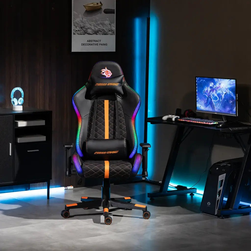 Porodo Gaming Ergonomic RGB Gaming Chair With Molded Foam Seat & 2D Armrest Black - كرسي الالعاب مزود بمقعد من الإسفنج المصبوب ومسند ذراع ثنائي الأبعاد و مكبرات صوت مدمجة من بورودو