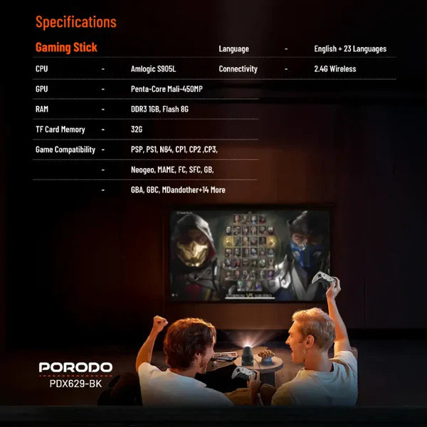 Porodo Gaming 4K Projector Android 11 with Auto Keystone and Gamepad Controller Black - داتا شو للالعاب يعمل بنظام اندرويد 11 مع وحدات تحكم من بورودو