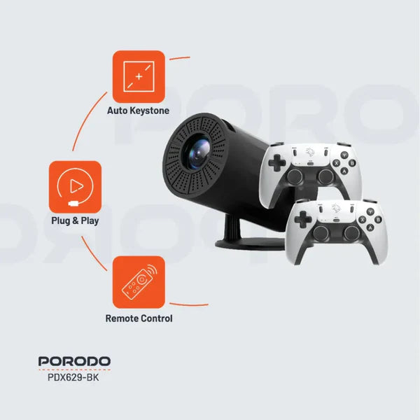 Porodo Gaming 4K Projector Android 11 with Auto Keystone and Gamepad Controller Black - داتا شو للالعاب يعمل بنظام اندرويد 11 مع وحدات تحكم من بورودو