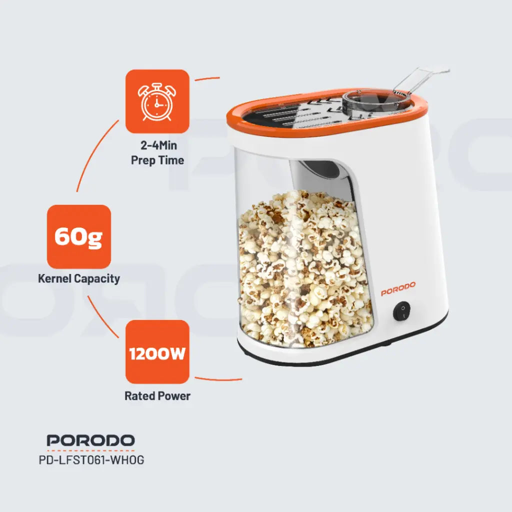 Porodo Lifetsyle 1200W Detachable Tank Popcorn Maker White and Orange - ماكنة صنع الفشار 1200 واط مع خزان 60 غ قابل للفصل من بورودو ابيض وبرتقالي