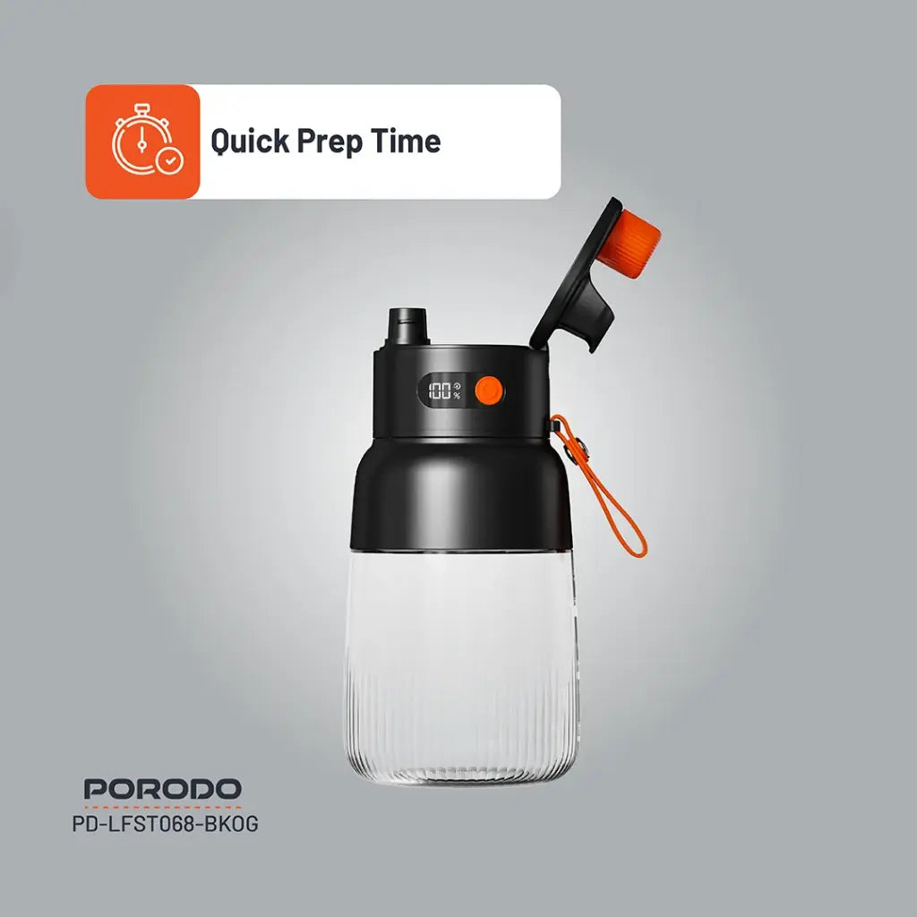 Porodo Lifestyle 70W Juicer LED Display 3000mAh 1000ml Type-C Black/Orange - خلاط محمول بسعة 1 لتر وشحن 70 واط من بورودو