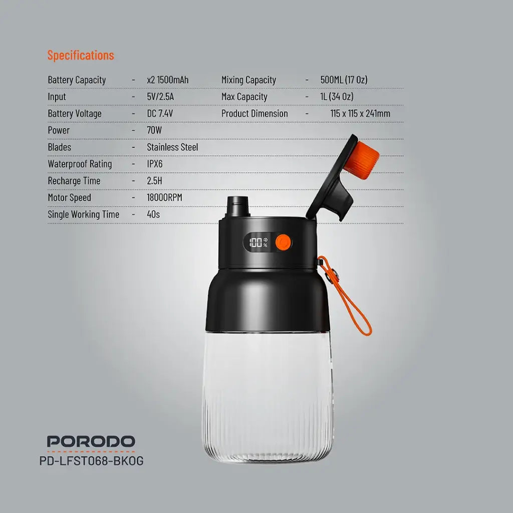 Porodo Lifestyle 70W Juicer LED Display 3000mAh 1000ml Type-C Black/Orange - خلاط محمول بسعة 1 لتر وشحن 70 واط من بورودو
