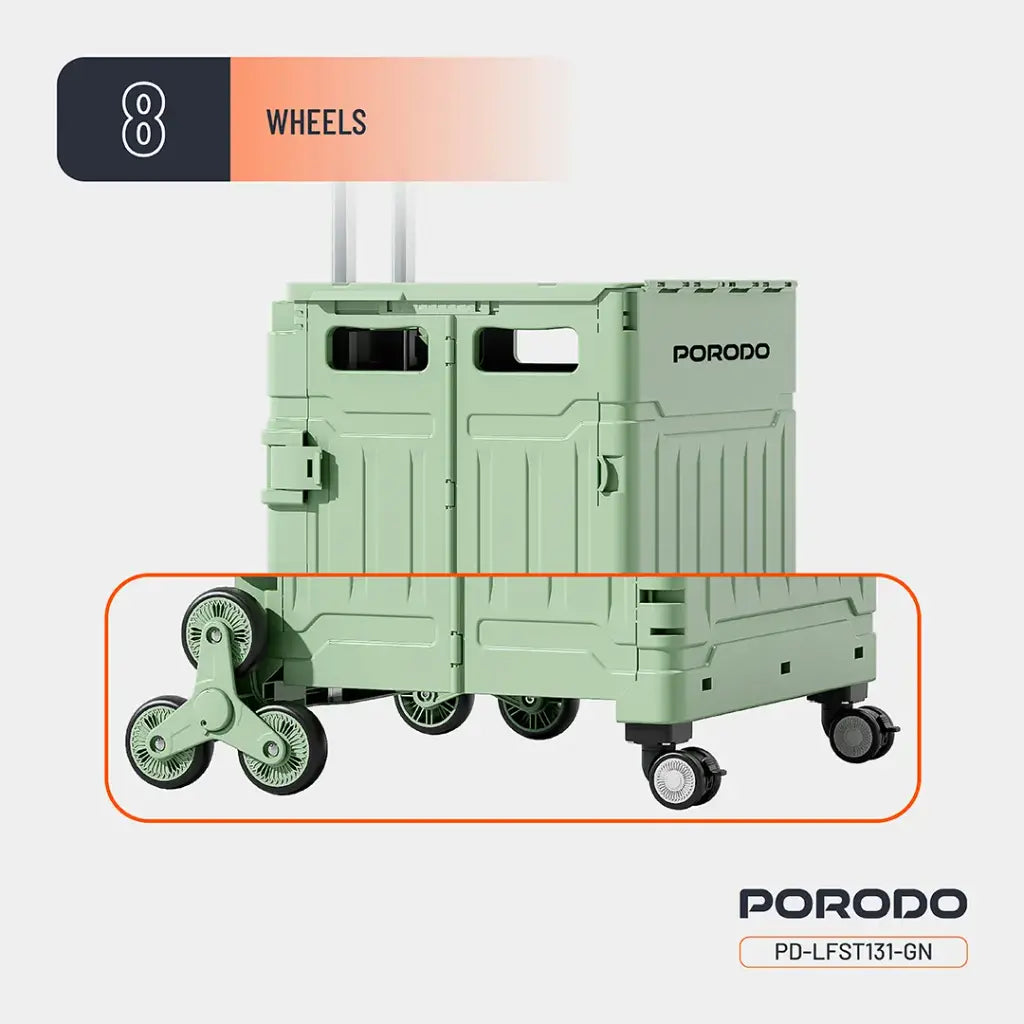 Porodo Lifestyle 75L Magnetic Slide Cover Foldable Camping Trolley Green - عربة تخييم قابلة للطي بسعة 75 لتر بنظام عجلات دوارة متعددة الاتجاهات من بورودو اخضر