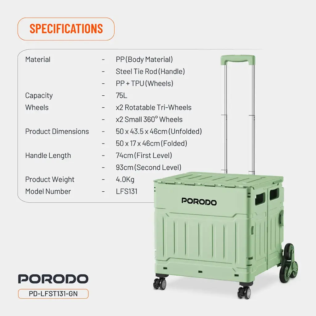 Porodo Lifestyle 75L Magnetic Slide Cover Foldable Camping Trolley Green - عربة تخييم قابلة للطي بسعة 75 لتر بنظام عجلات دوارة متعددة الاتجاهات من بورودو اخضر