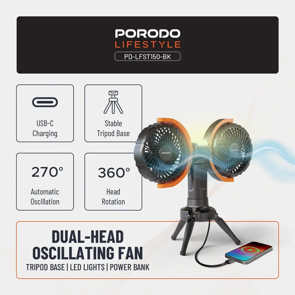 Porodo Lifestyle 18W 360  Multifunctional Adjustable Fan with Lights and Tripod - مروحة متعددة الوظائف قابلة للتعديل 360 درجة مع أضواء وحامل ثلاثي القوائم من بورودو
