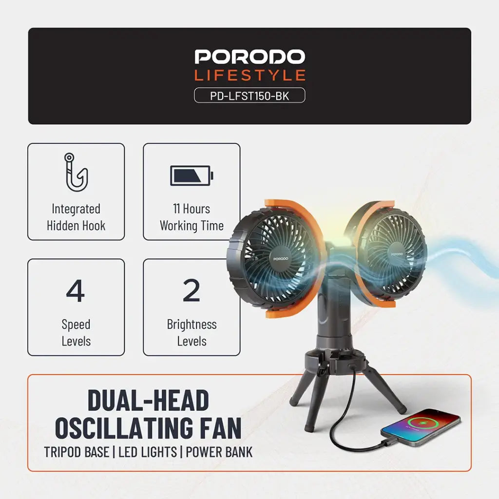 Porodo Lifestyle 18W 360  Multifunctional Adjustable Fan with Lights and Tripod - مروحة متعددة الوظائف قابلة للتعديل 360 درجة مع أضواء وحامل ثلاثي القوائم من بورودو