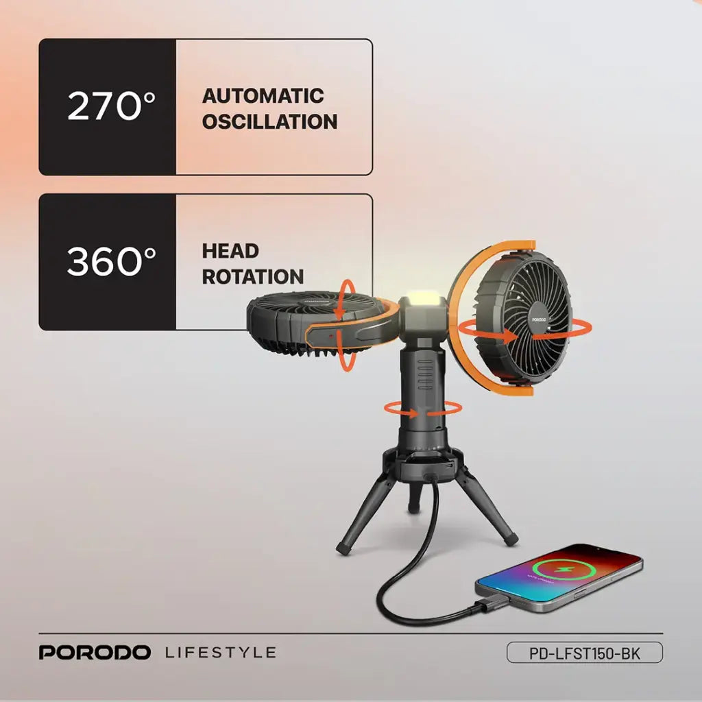 Porodo Lifestyle 18W 360  Multifunctional Adjustable Fan with Lights and Tripod - مروحة متعددة الوظائف قابلة للتعديل 360 درجة مع أضواء وحامل ثلاثي القوائم من بورودو
