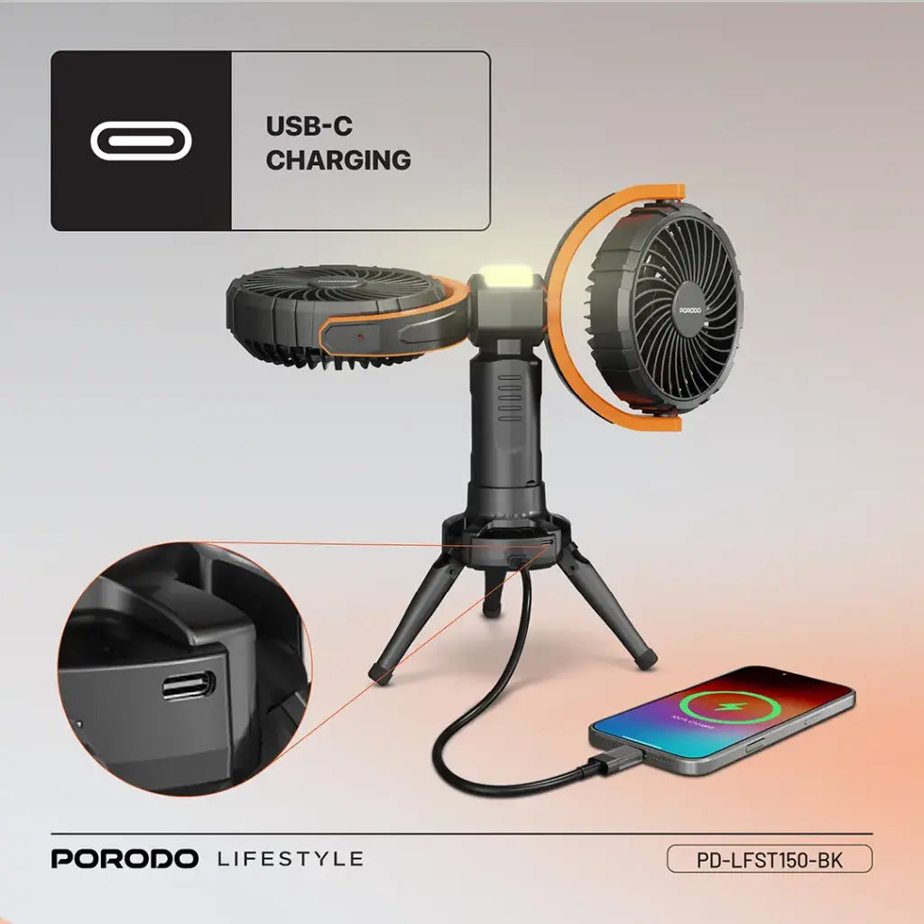 Porodo Lifestyle 18W 360  Multifunctional Adjustable Fan with Lights and Tripod - مروحة متعددة الوظائف قابلة للتعديل 360 درجة مع أضواء وحامل ثلاثي القوائم من بورودو