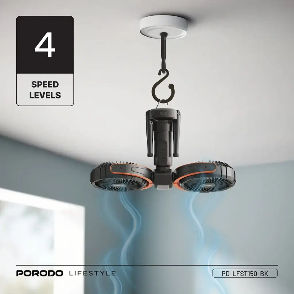Porodo Lifestyle 18W 360  Multifunctional Adjustable Fan with Lights and Tripod - مروحة متعددة الوظائف قابلة للتعديل 360 درجة مع أضواء وحامل ثلاثي القوائم من بورودو