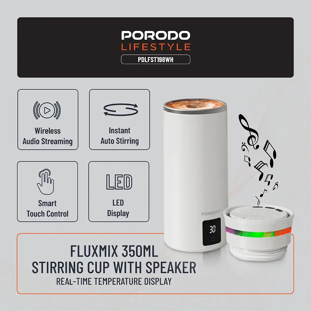 Porodo Lifestyle Fluxmix 350ML Stirring Cup With Speaker White - كوب تحريك فلوكس ميكس 350 مل مع مكبر صوت من بورودو ابيض