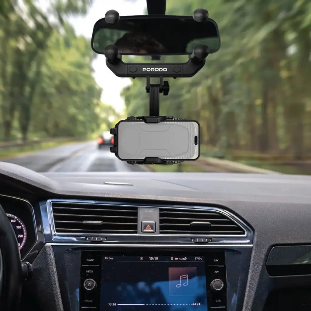 Porodo Rearview Mirror Bracket Phone Holder Black - ستاند سيارة للمرآة قابل للتعديل من بورودو اسود