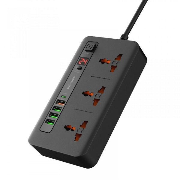 Porodo 3 AC 4 USB-A & USB-C PD 20W Multi-Port Super Hub 2M UK Black - سيار كهربائي متعدد المنافذ 20 واط بطول كيبل 2 متر من بورودو اسود