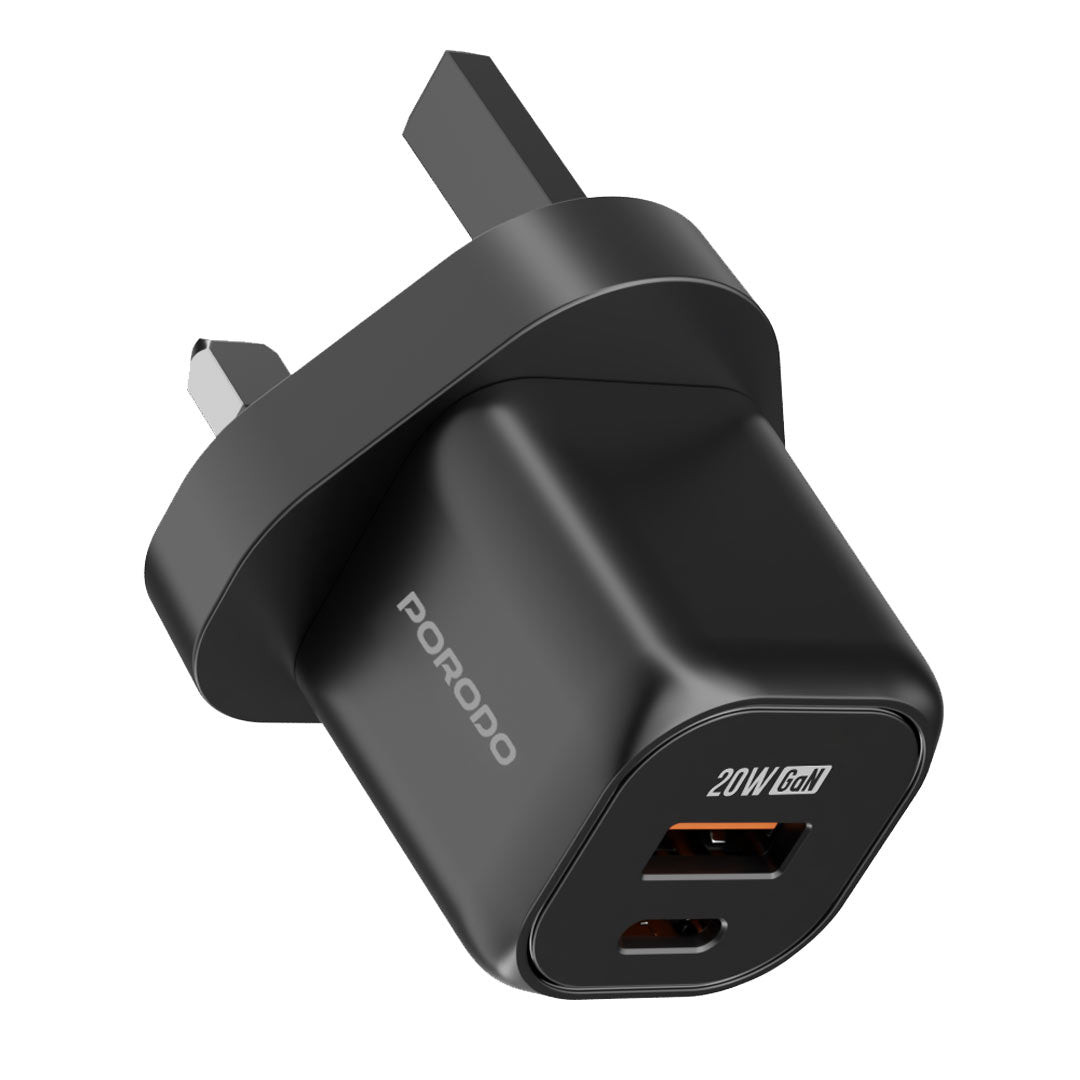 Porodo PD 20W USB QC3.0 UK Fast Charger with C to C Cable Black - شاحن 20 واط مع كيبل تايب سي تايب سي من بورودو