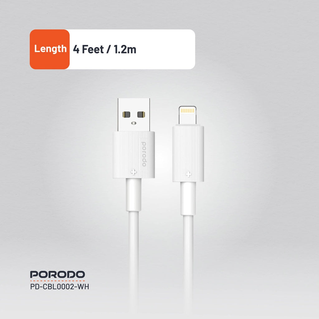 Porodo USB-A To Lightning PVC Cable 1.2m White - كيبل يو اس بي ايفون 1.2 متر من بورودو ابيض
