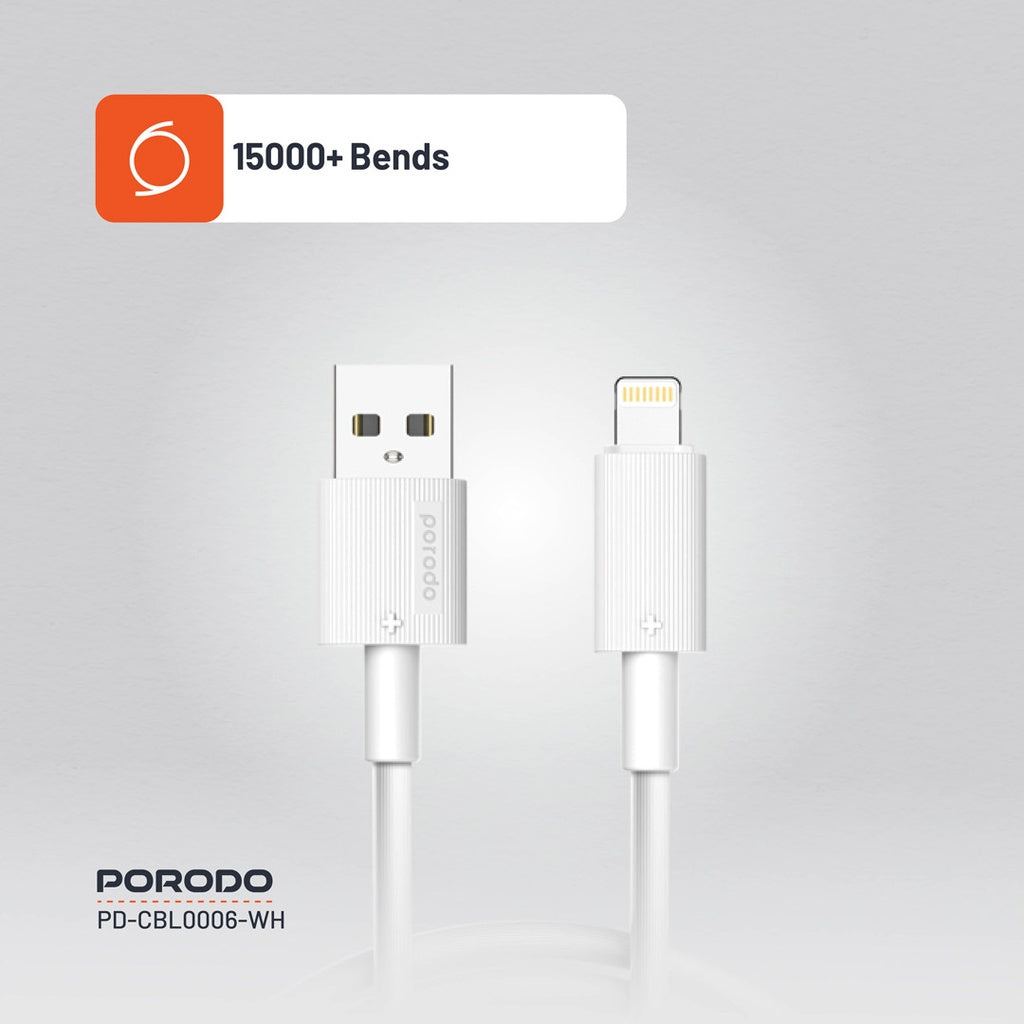 Porodo USB A to Lightning PVC Cable  3m White - كيبل يو اس بي ايفون 3 متر من بورودو ابيض