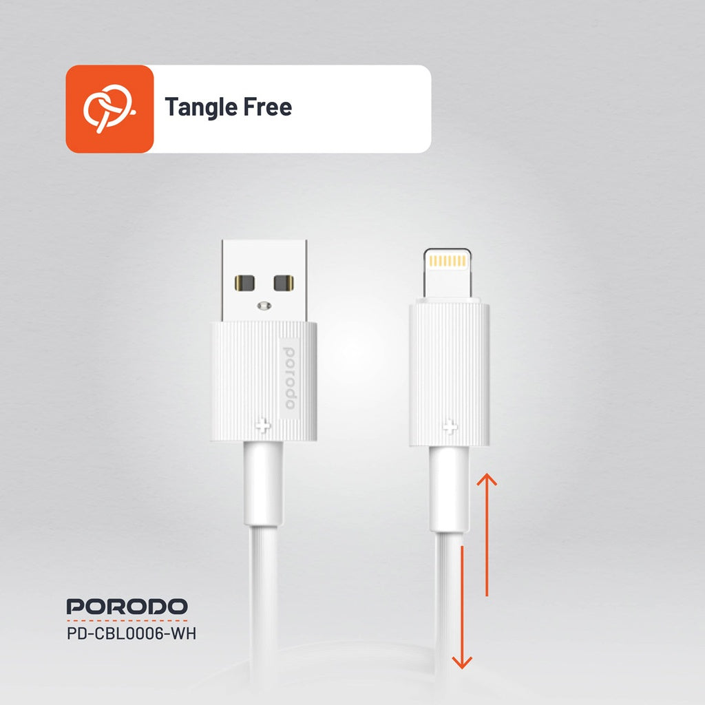 Porodo USB A to Lightning PVC Cable  3m White - كيبل يو اس بي ايفون 3 متر من بورودو ابيض