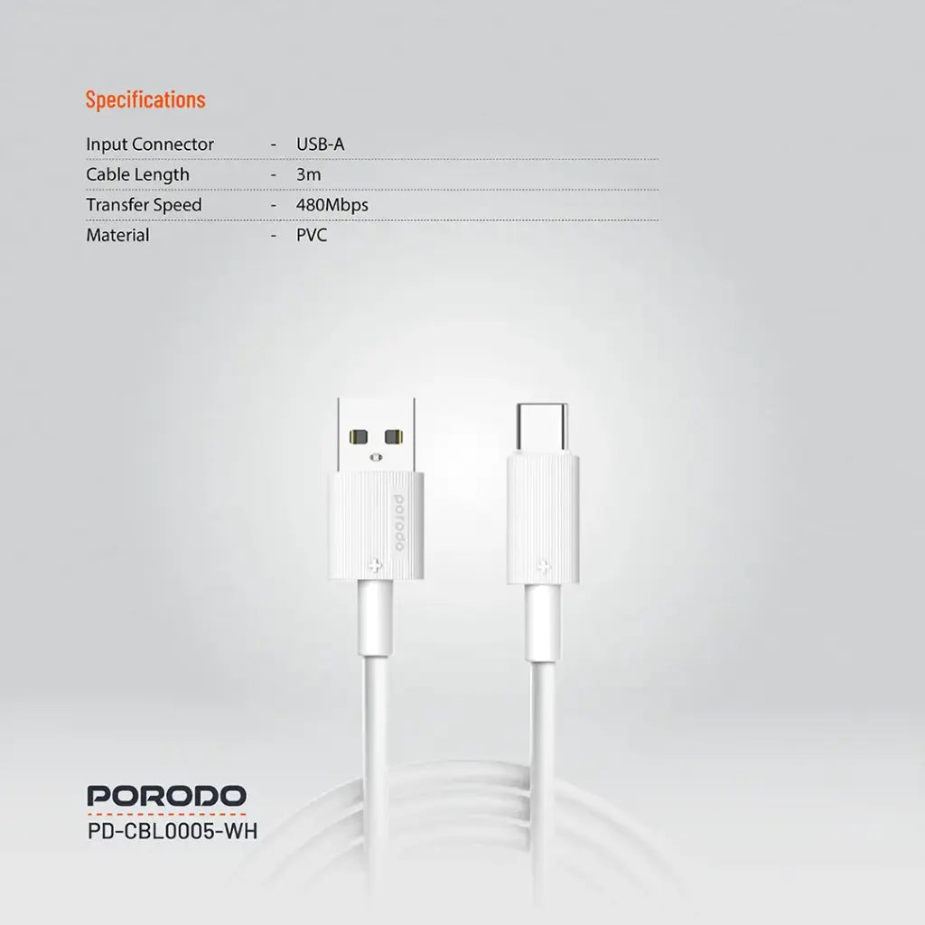 Porodo USB A to C PVC Cable  3m White - كيبل يو اس بي تايب سي 3 متر من بورودو ابيض