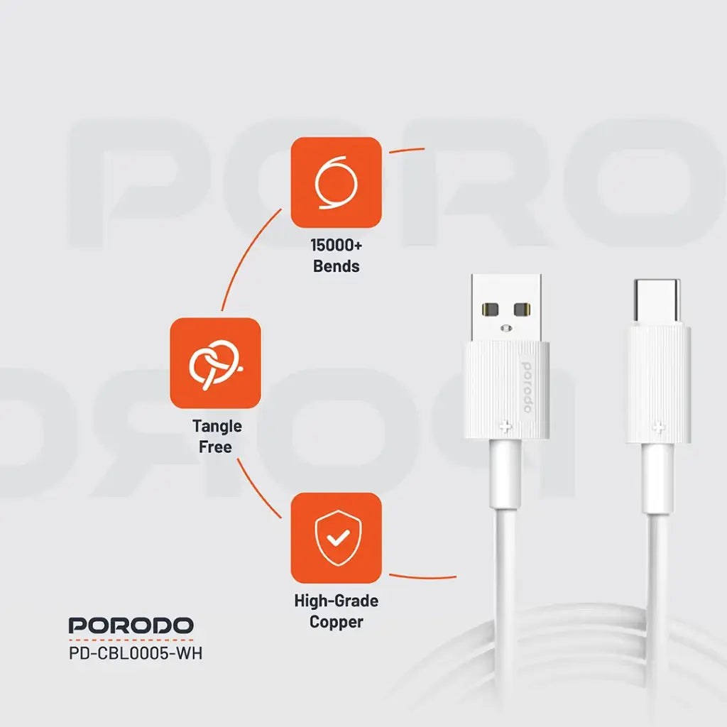 Porodo USB A to C PVC Cable  3m White - كيبل يو اس بي تايب سي 3 متر من بورودو ابيض