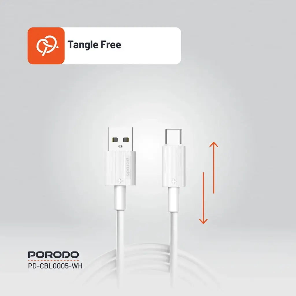 Porodo USB A to C PVC Cable  3m White - كيبل يو اس بي تايب سي 3 متر من بورودو ابيض