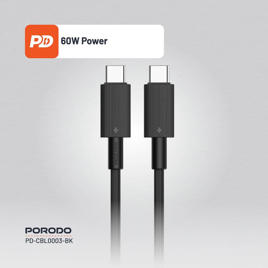 Porodo Type-C to C PVC Cable  1.2m black - كيبل تايب سي تايب سي 60 واط من بورودو اسود