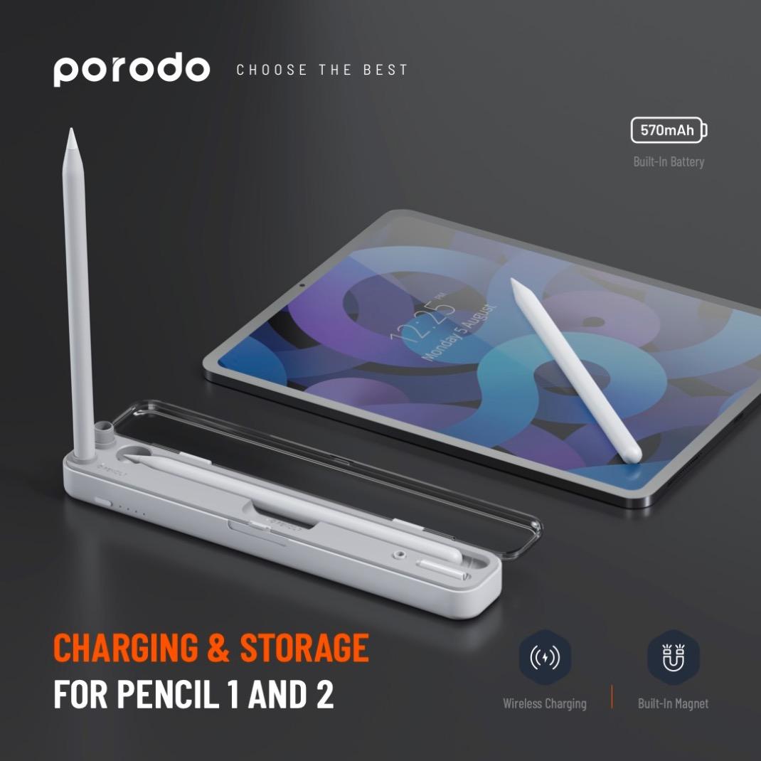 Porodo Charging & Storage for Pencil 1/2 570mAh - حافظة 2 في 1 لقلم ابل الجيل (1-2) من بورودو
