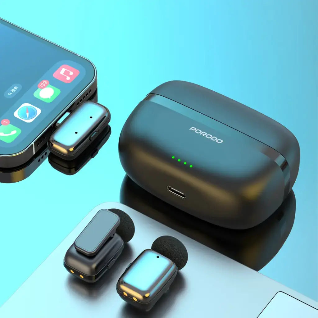 Porodo Microphone 60mAh Lightning port Black - نك مايك لاسلكي بمنفذ لايتننغ من بورودو اسود