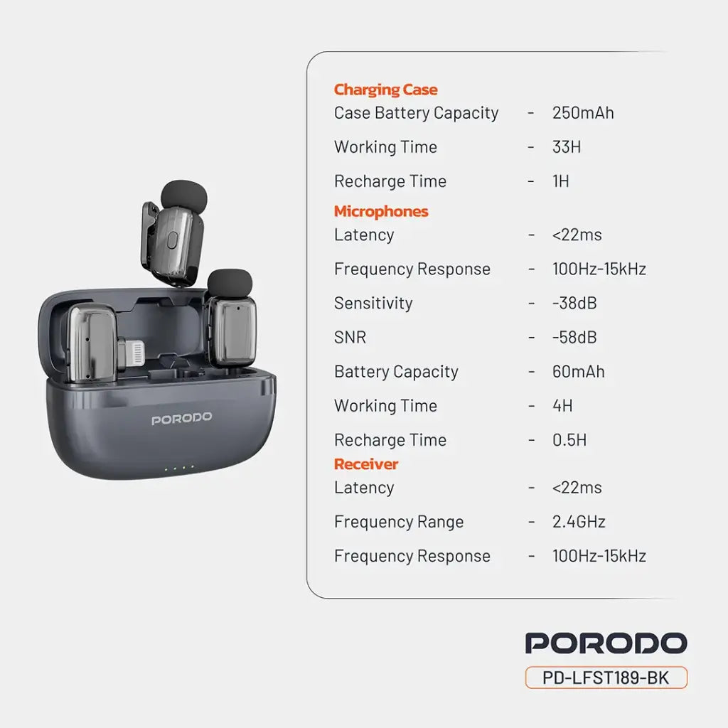 Porodo Microphone 60mAh Lightning port Black - نك مايك لاسلكي بمنفذ لايتننغ من بورودو اسود