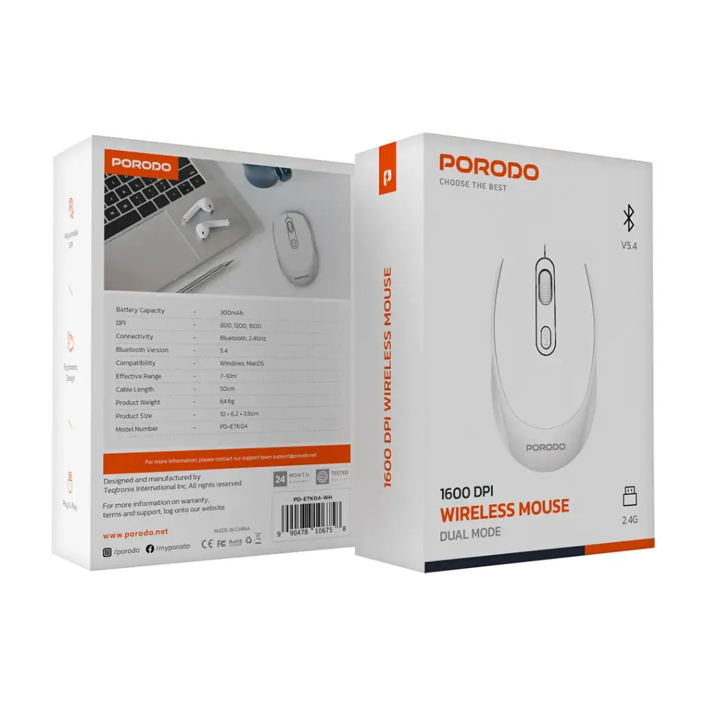 Porodo Wireless Mouse Dual Mode 2.4G+BT Dual Mode-300mAh battery Adjustable 800-1600 DPI white - ماوس لاسلكي ثنائي الوضع 2.4 جيجاهرتز + بلوتوث ثنائي الوضع بطارية 300 مللي أمبير قابلة للتعديل من بورودو ابيض