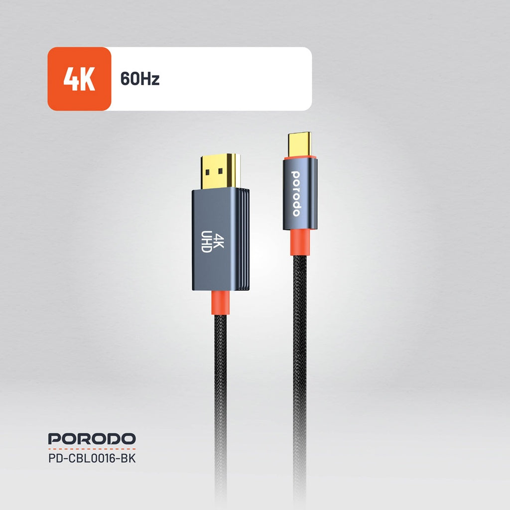 Porodo Alum Alloy Woven Cable Type-C to HDMI 2m Black - كيبل تايب سي اج دي ام اي 2 متر من بورودو اسود