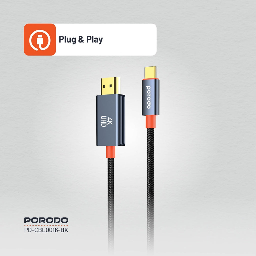 Porodo Alum Alloy Woven Cable Type-C to HDMI 2m Black - كيبل تايب سي اج دي ام اي 2 متر من بورودو اسود