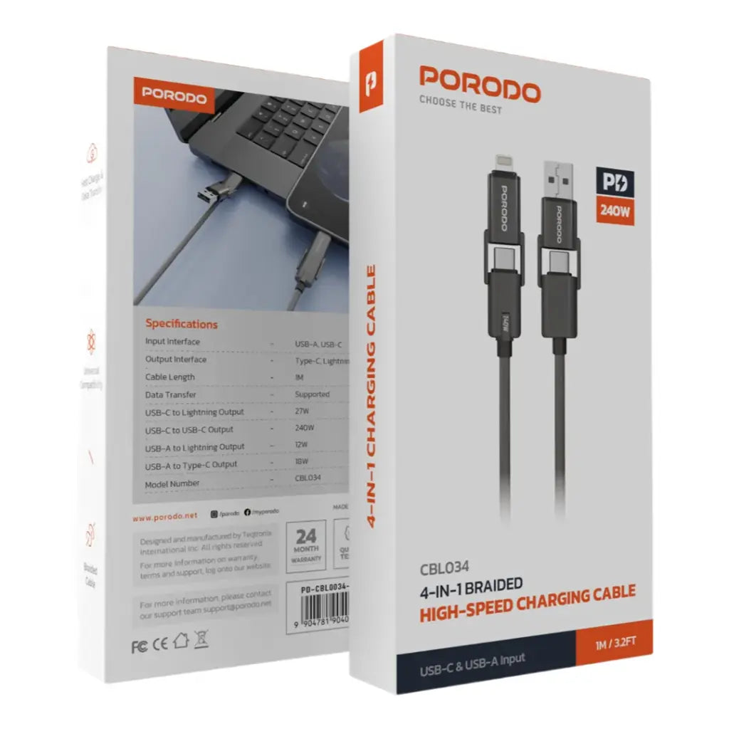 Porodo 240W 4-n-1 Braided Cable 1m Black -  كيبل 4 في 1 240 واط 1 متر من بورودو اسود