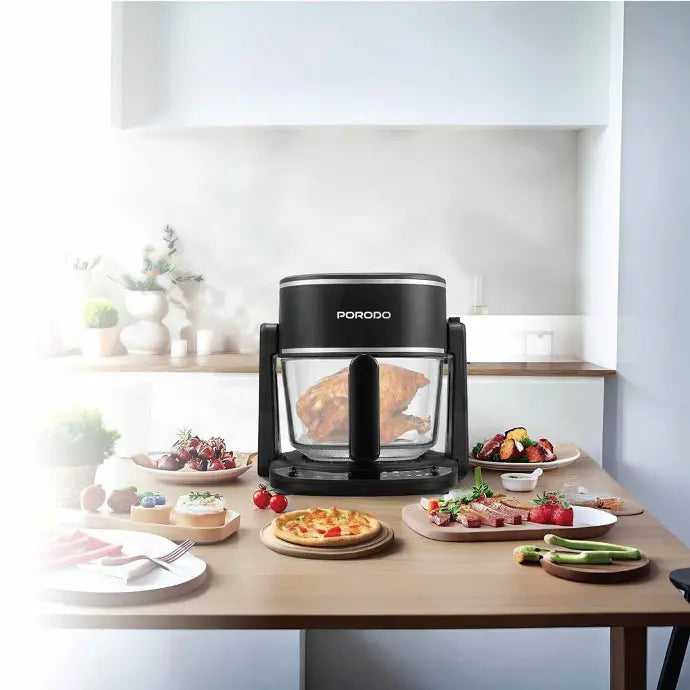 Porodo Lifestyle 2in1 Glass Air Fryer Black - قلاية هوائية زجاجية 2 في–  Point بوينت