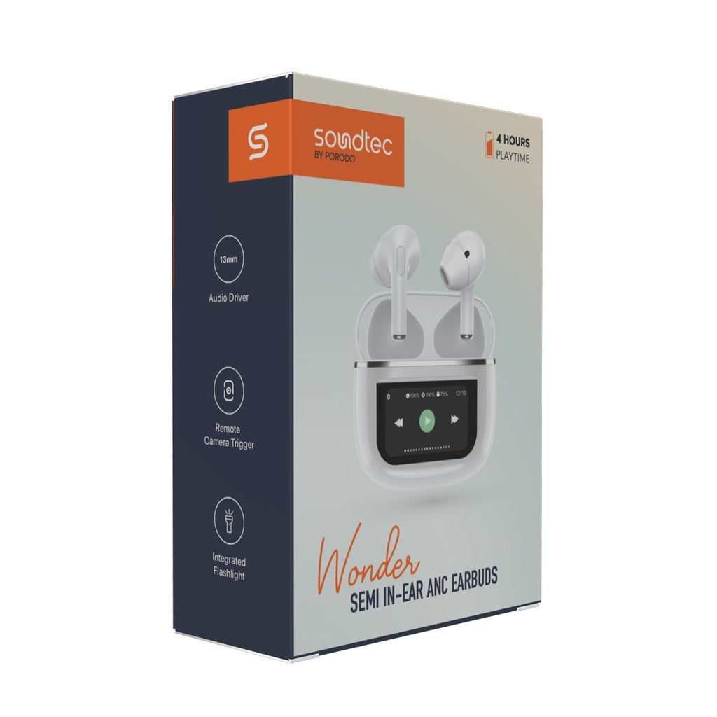 Porodo Soundtec Wonder TWS Earphone with Touch Screen White - سماعات بلوتوث مع شاشة لمس من بورودو ابيض