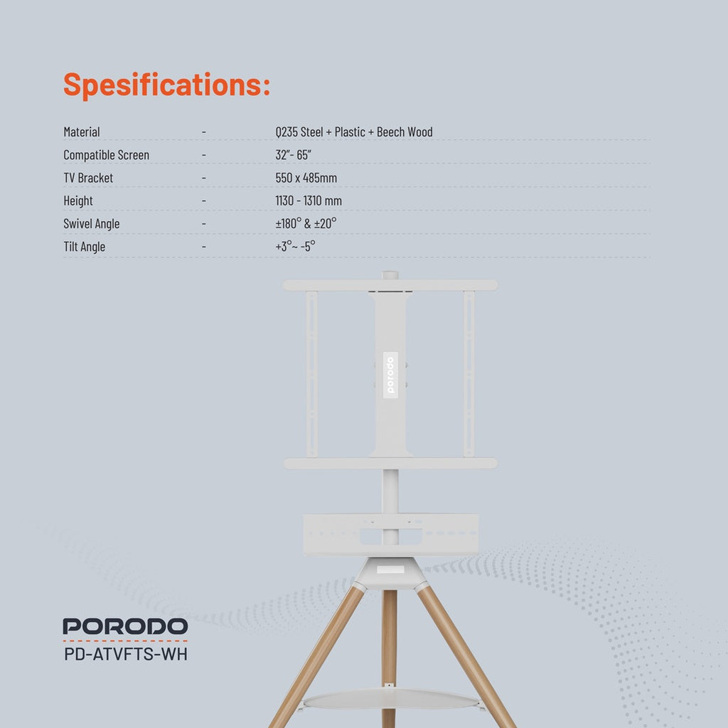 Porodo 32"-65" Artistic TV Floor Tripod Stand -ستاند تلفزيون ثلاثي القوائم مقاس 32 بوصة - 65 بوصة من بورودو