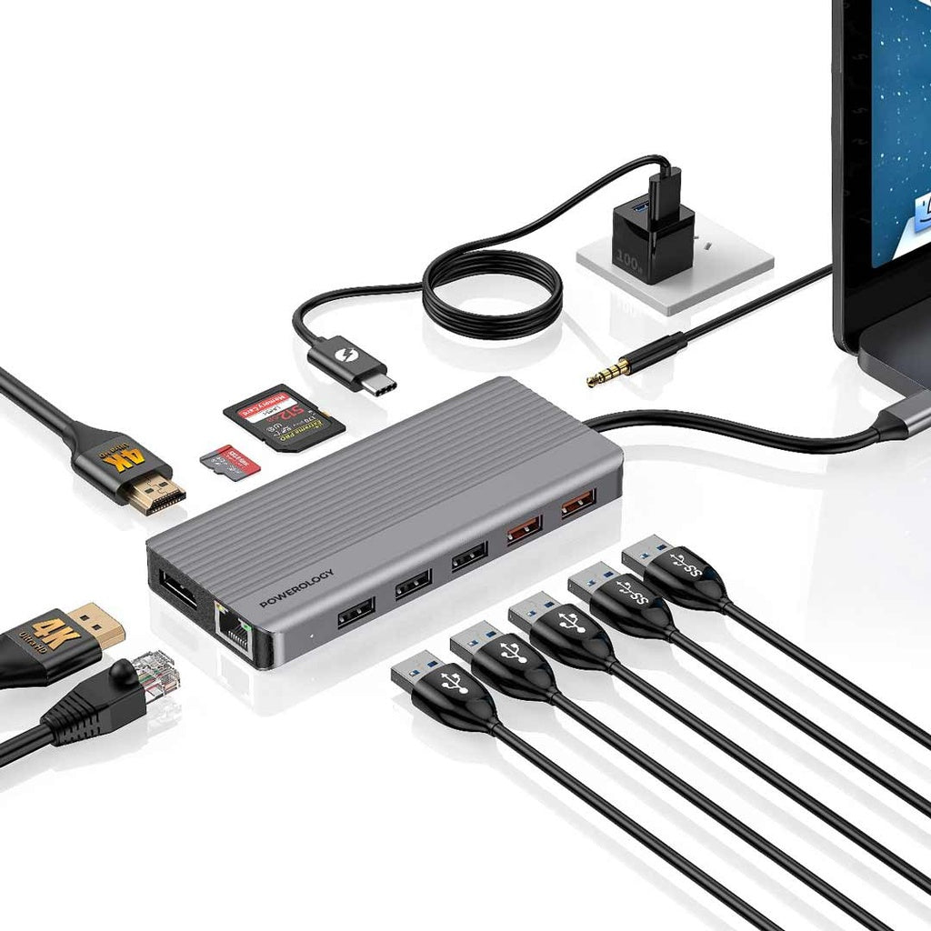 Powerology 12in1 USB-C Hub HDMI Type-C 100W PD Ethernet VGA USB SD MicroSD 3.5AUX - توصالة تايب سي 12 في 1 من باورولوجي