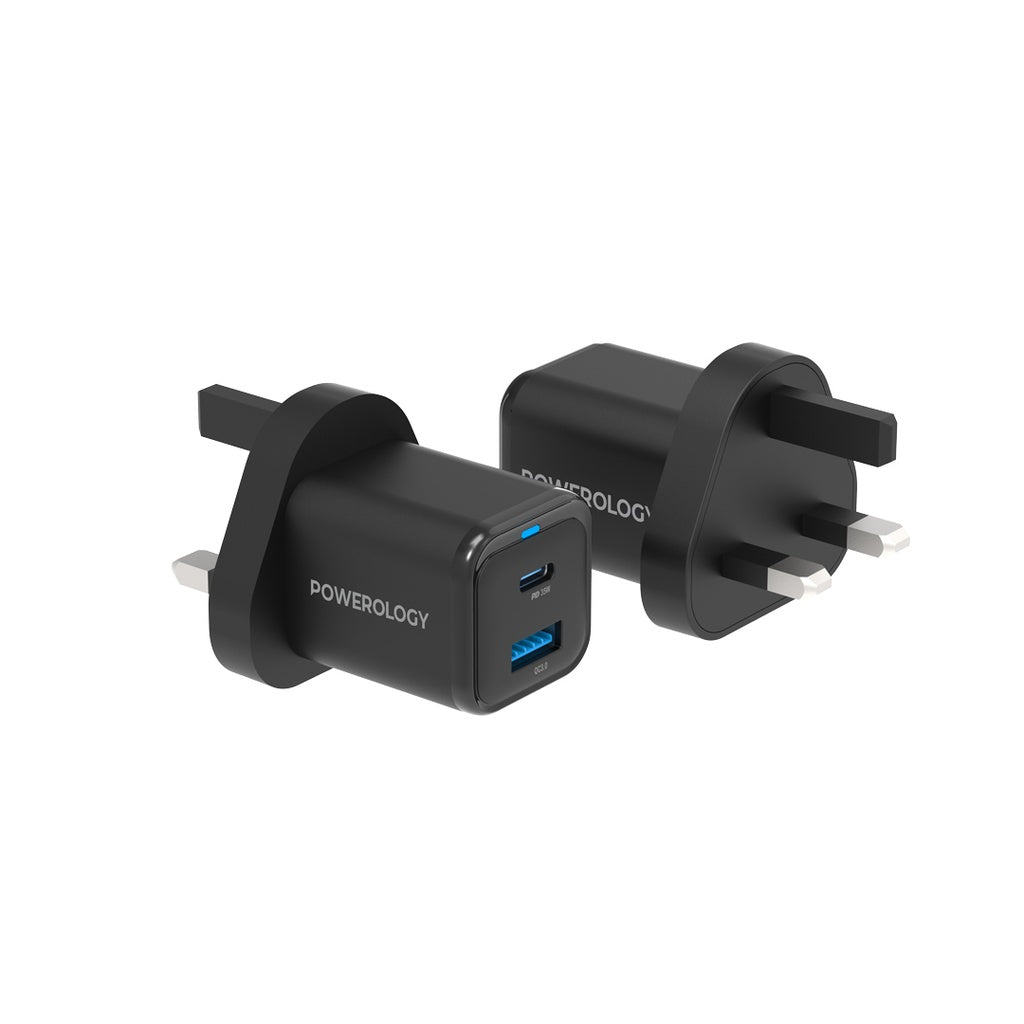 Powerology 35W PD QC 1xUSB-C 35W and 1xUSB-A 18W GaN Charger UK with USB-C TO Lightning Cable Black - شاحن تايب سي 35 واط مع كيبل تايب سي ايفون من باورولوجي اسود