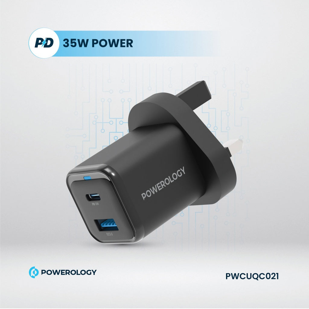 Powerology 35W PD QC 1xUSB-C 35W and 1xUSB-A 18W GaN Charger UK with USB-C TO Lightning Cable Black - شاحن تايب سي 35 واط مع كيبل تايب سي ايفون من باورولوجي اسود