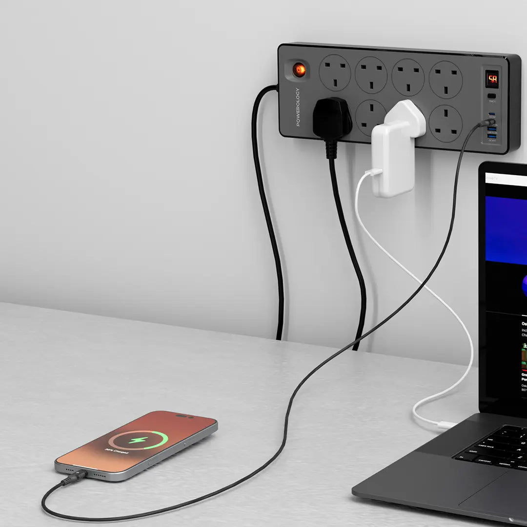 Powerology Timing  control USB 8 Socket Timing  control USB 200 -250V BLACK - سيار كهربائي ذكي مع منافذ USB وشحن سريع بميزة التوقيت من باورولوجي اسود