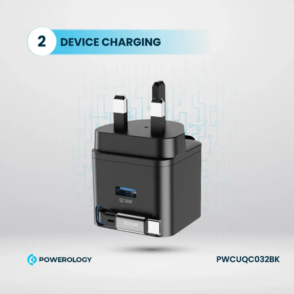 Powerology GAN PD35W Dual-Port Charger with Retractable Cable Black- شاحن 35 واط مع كيبل تايب سي مدمج قابل للسحب 75 سم من باورولوجي