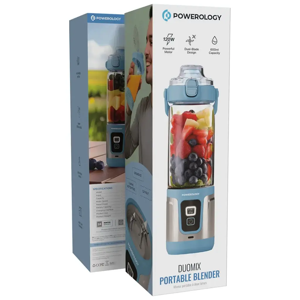 Powerology 120W Dual-blade Portable Blender With USB Type C +Led Light Blue - خلاط شحن محمول بقوة 120 واط مع منفذ تايب سي واضاءة من باورولوجي ازرق