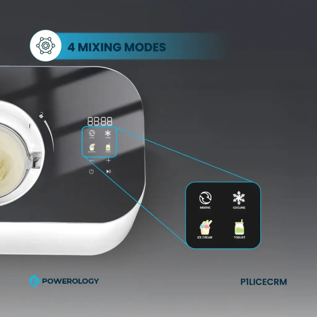 Powerology 1L Ice Cream Machine with Touch Display White - ماكنة صنع الايس كريم بسعة 1 لتر مع شاشة لمس من باورولوجي ابيض