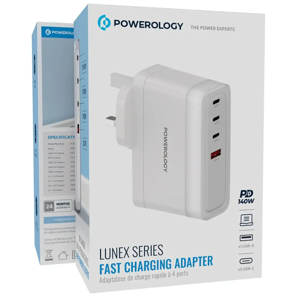 Powerology 4-Port Fast Charging Adapter 140W White - شاحن 140 واط باربعة منافذ من باورولوجي ابيض