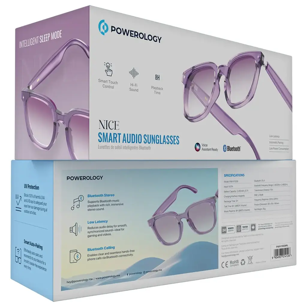 Powerology Lifestyle BT Sunglass with Touch Control+ Gradiant Purple Lens Purple - نضارات بلوتوث من بورلوجي بنفسجي