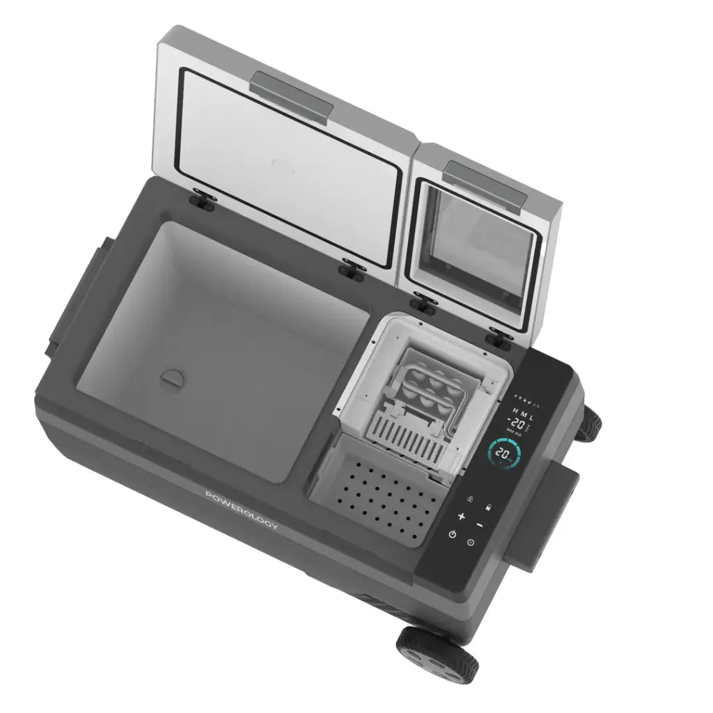 Powerology 120W Portable Car Refrigerator with Ice Maker and Wheels Black - ثلاجة سيارة محمولة 120 واط مع صانعة ثلج وعجلات من باورولوجي اسود