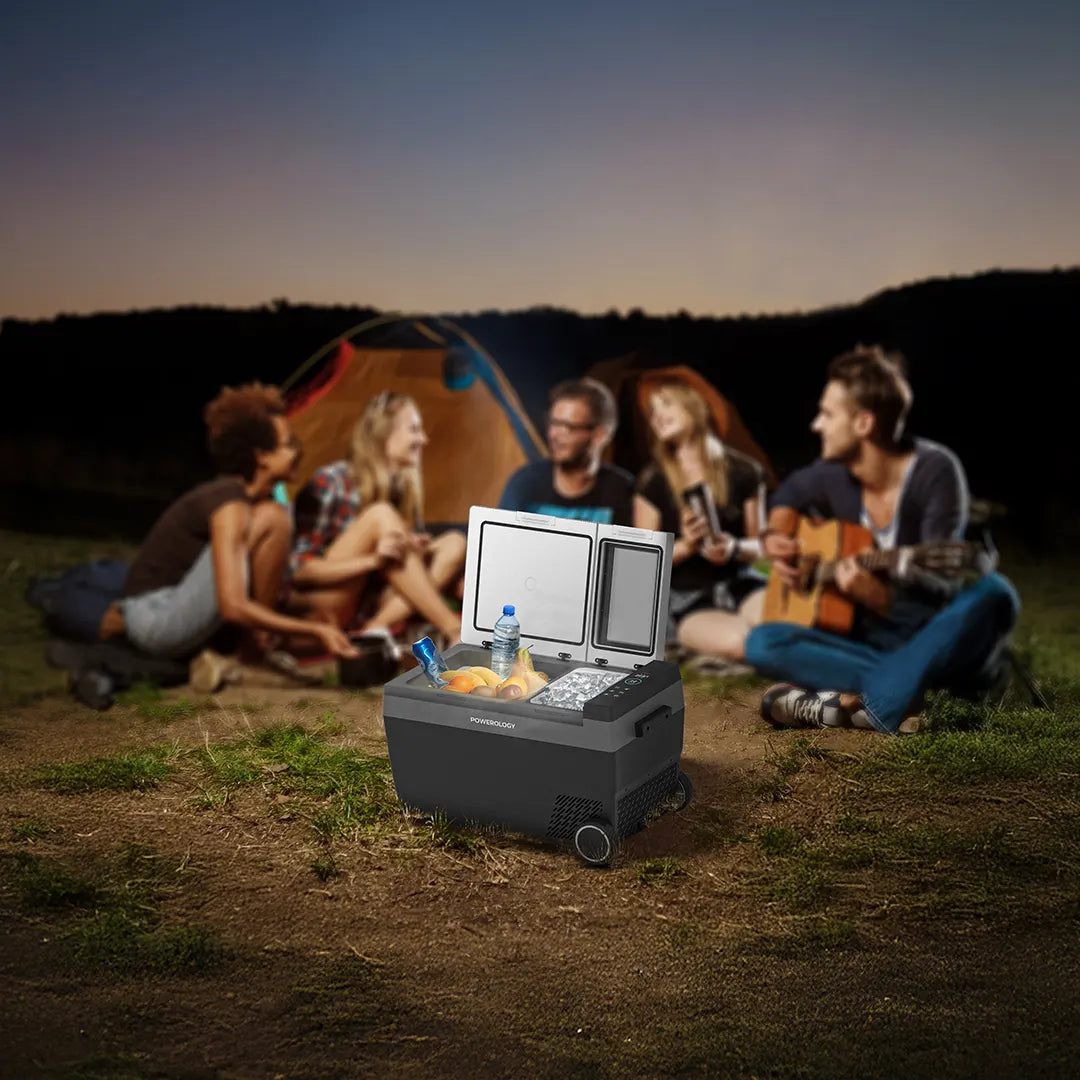 Powerology 120W Portable Car Refrigerator with Ice Maker and Wheels Black - ثلاجة سيارة محمولة 120 واط مع صانعة ثلج وعجلات من باورولوجي اسود
