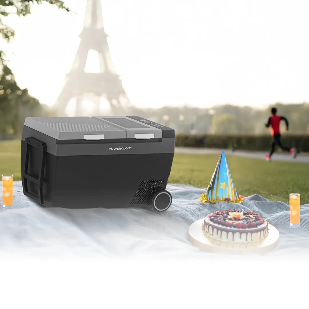 Powerology 120W Portable Car Refrigerator with Ice Maker and Wheels Black - ثلاجة سيارة محمولة 120 واط مع صانعة ثلج وعجلات من باورولوجي اسود