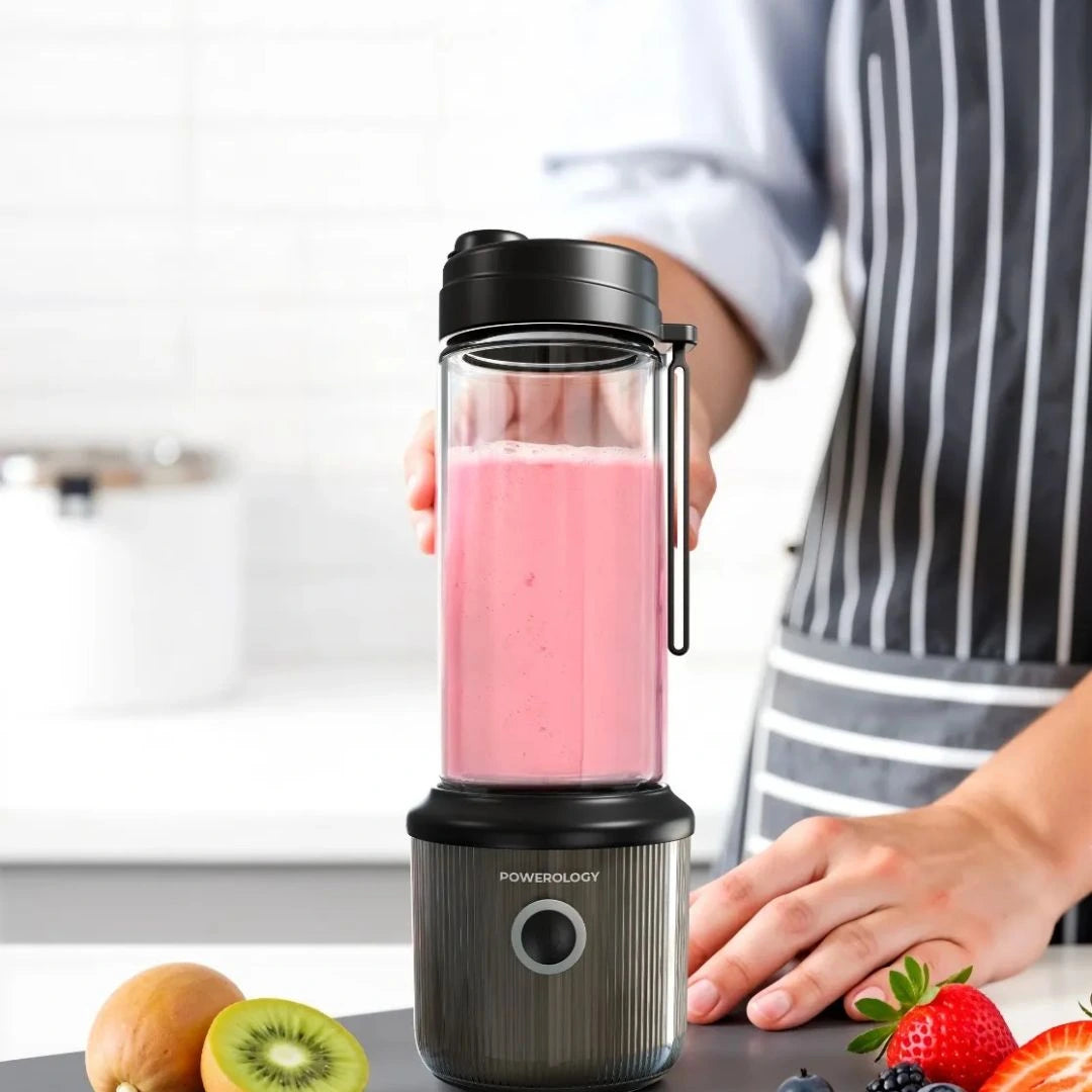 Powerology Portable Blender 450ml 2500mAh 6 Blades 126W Black - خلاط محمول بسعة 450 مل مع بطارية 2500 ملي امبير وشفرات ستة حادة من باورولوجي اسود